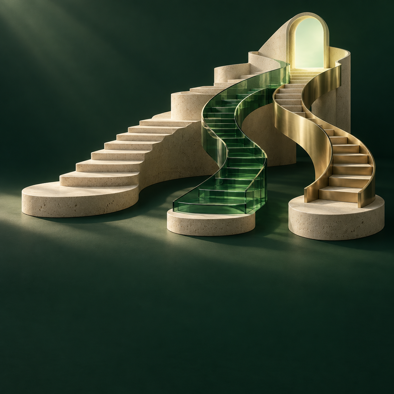 Sculptural pathways in stone and green glass
