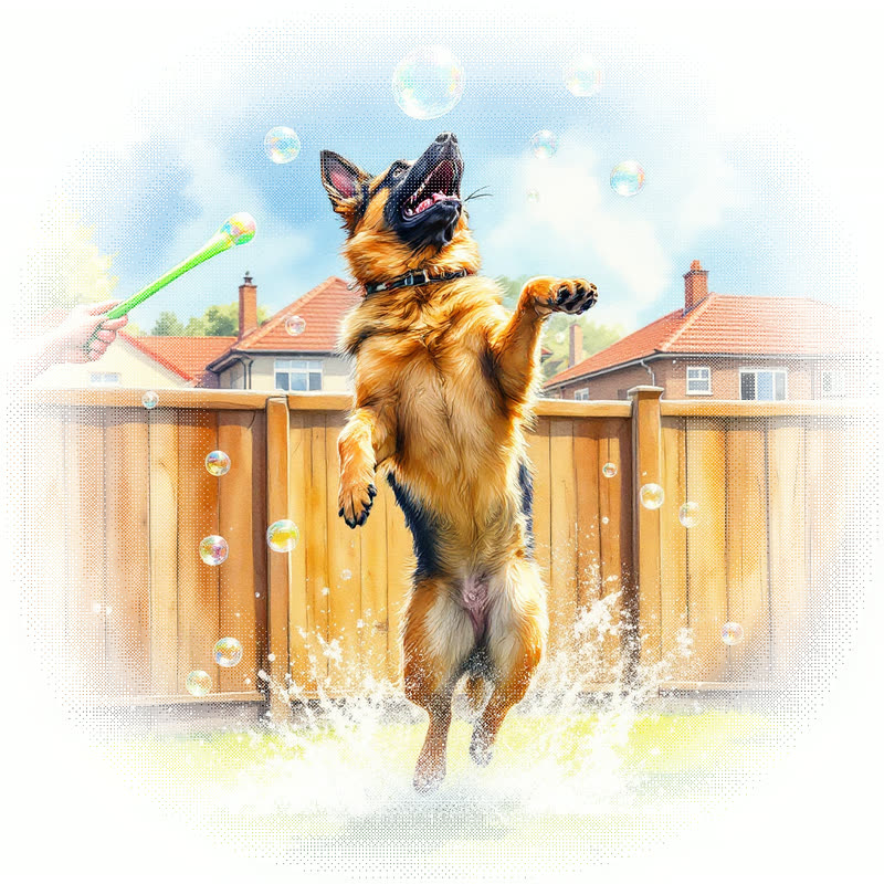 Watercolor painting of Naughty Bear, a German Shepherd, jumping to catch bubbles in a backyard