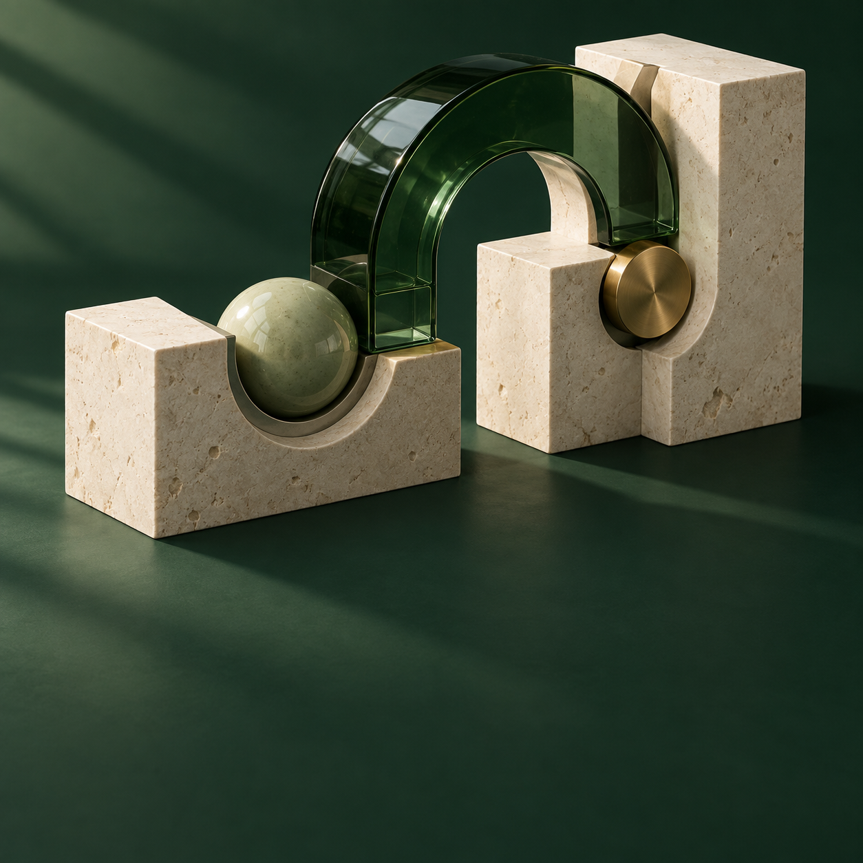 Interlocking stone, forest glass and brass forms joined into one sculptural structure
