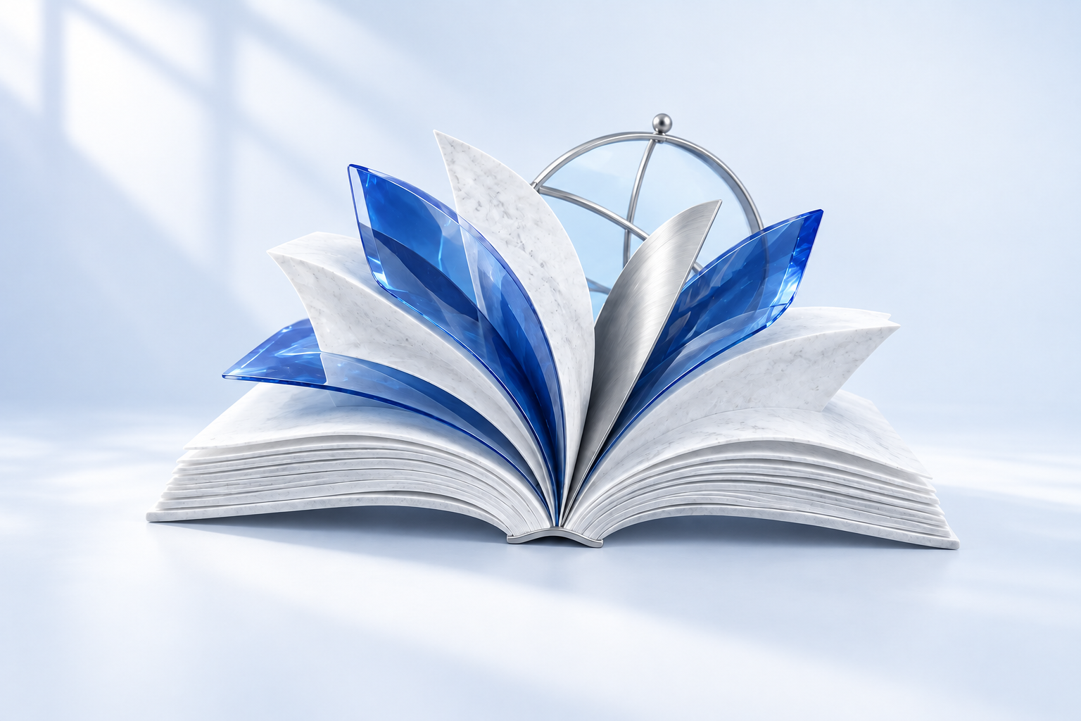 An open encyclopedia sculpted from white stone, blue glass and silver, with a globe-like ring behind its pages